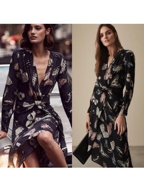 REISS Lita Knotted Waist Buttetflies Dragonflies and Beetles V Neck MIDI Dress